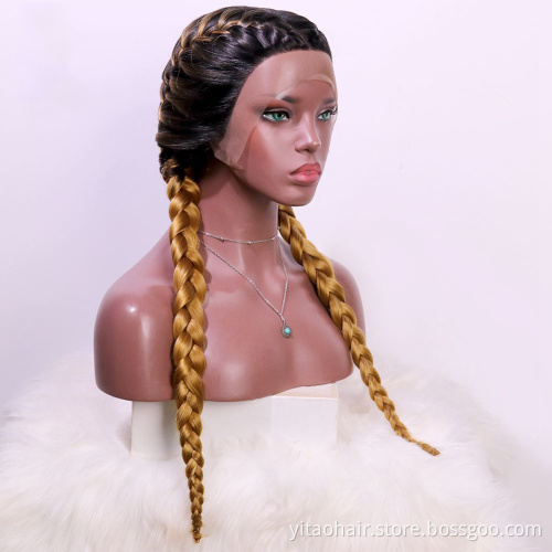 Long Double Braids  Twist Ombre Brown Synthetic Braided Lace Front Wig with Baby Hair synthetic hair wig with lace front